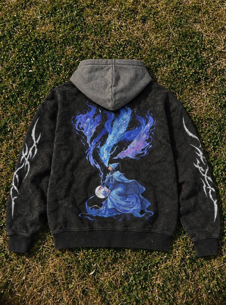 Starfire Orb – Black & Grey Hoodie – flat-lay | Witch Hat Atelier