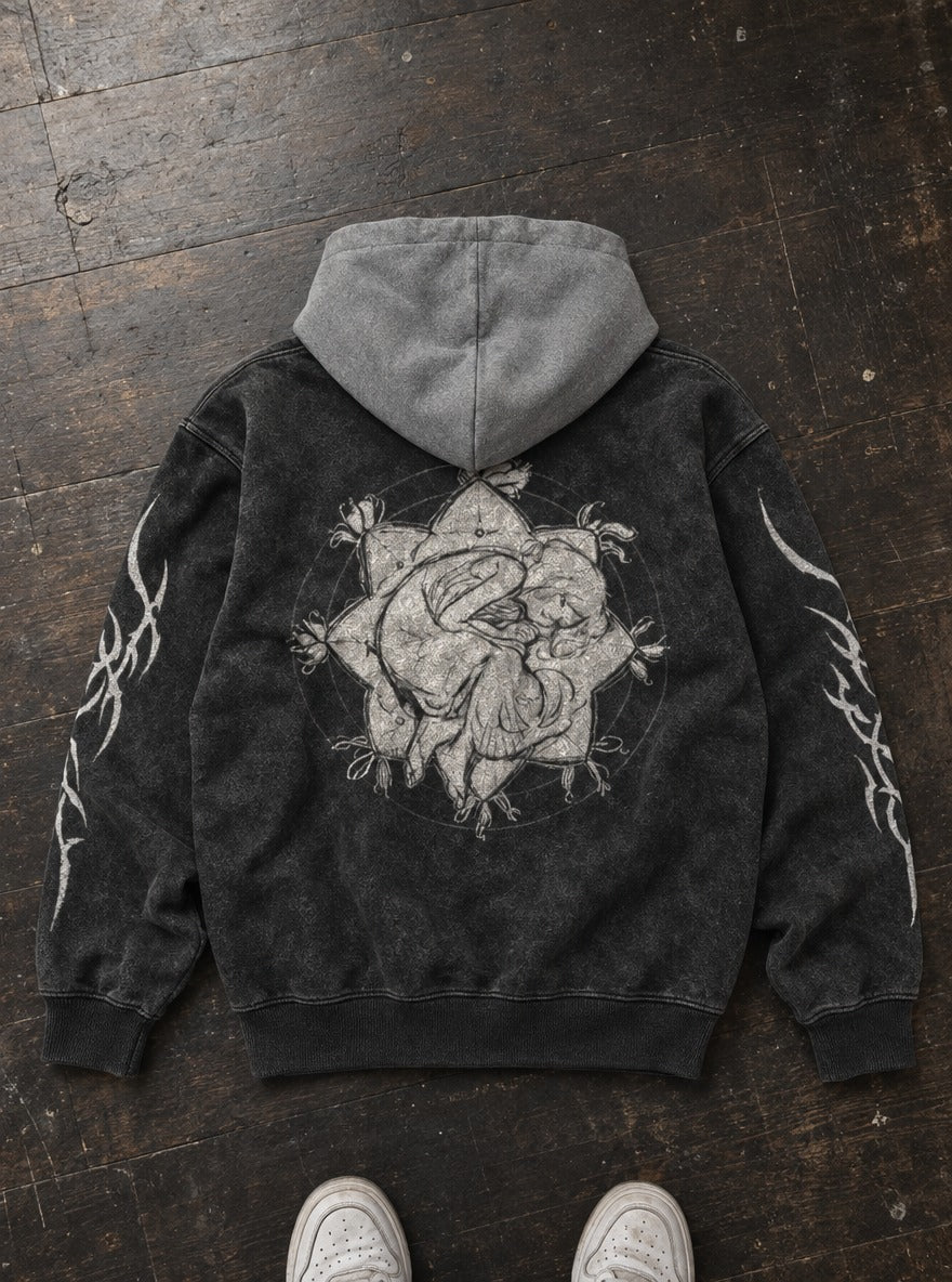 Starlit Slumber – Black & Grey Hoodie – flat-lay | Witch Hat Atelier