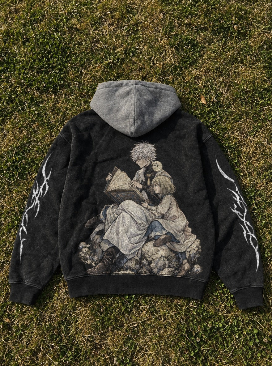 Stonebound Study – Black & Grey Hoodie – flat-lay | Witch Hat Atelier