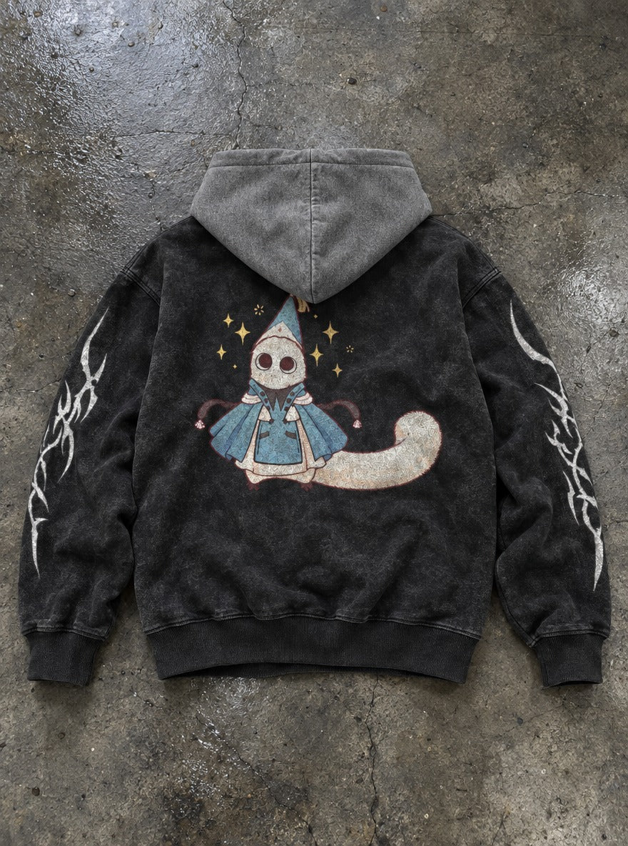Tassel Tail – Black & Grey Hoodie – flat-lay | Witch Hat Atelier