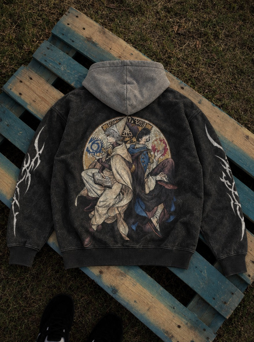 Twin Sigils – Black & Grey Hoodie – flat-lay | Witch Hat Atelier