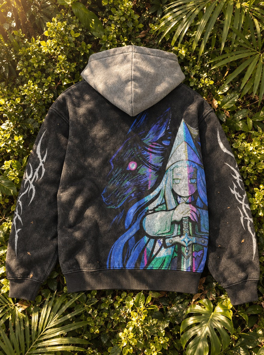Wolfblade Witch – Black & Grey Hoodie – flat-lay | Witch Hat Atelier