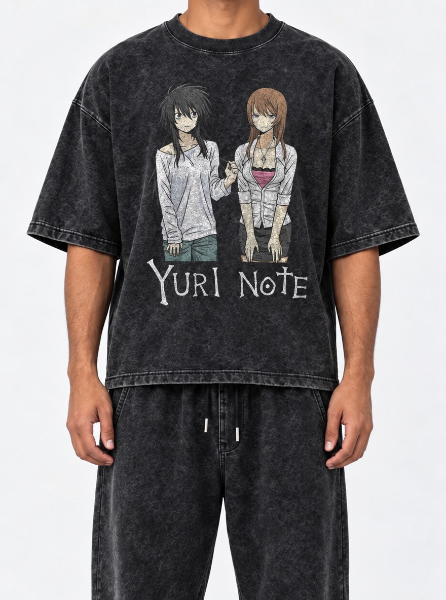 Yuri Note – Black Acid Wash Tee – model shot | Meme Tees
