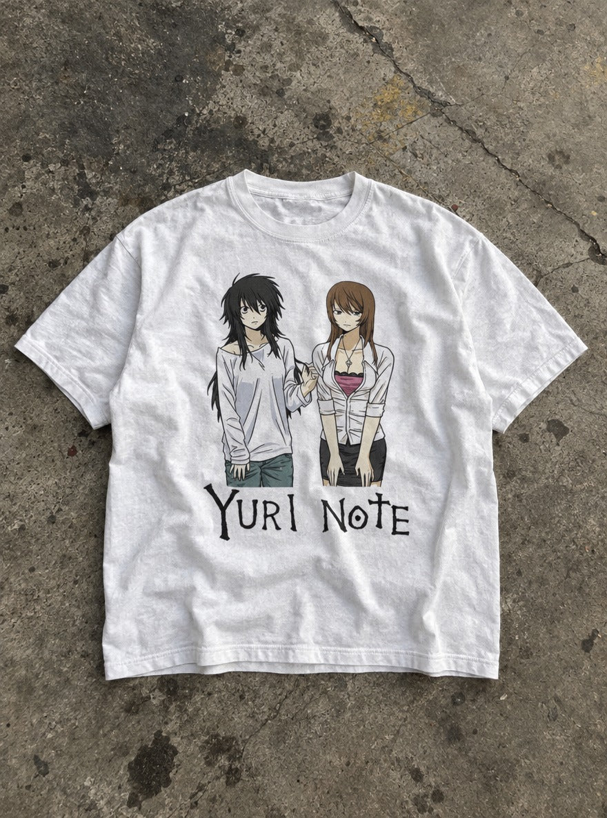 Yuri Note – White Tee – flat-lay | Meme Tees