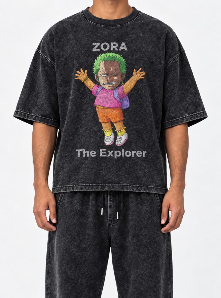 Zoro the Explorer – Black Acid Wash Tee – model shot | Meme Tees
