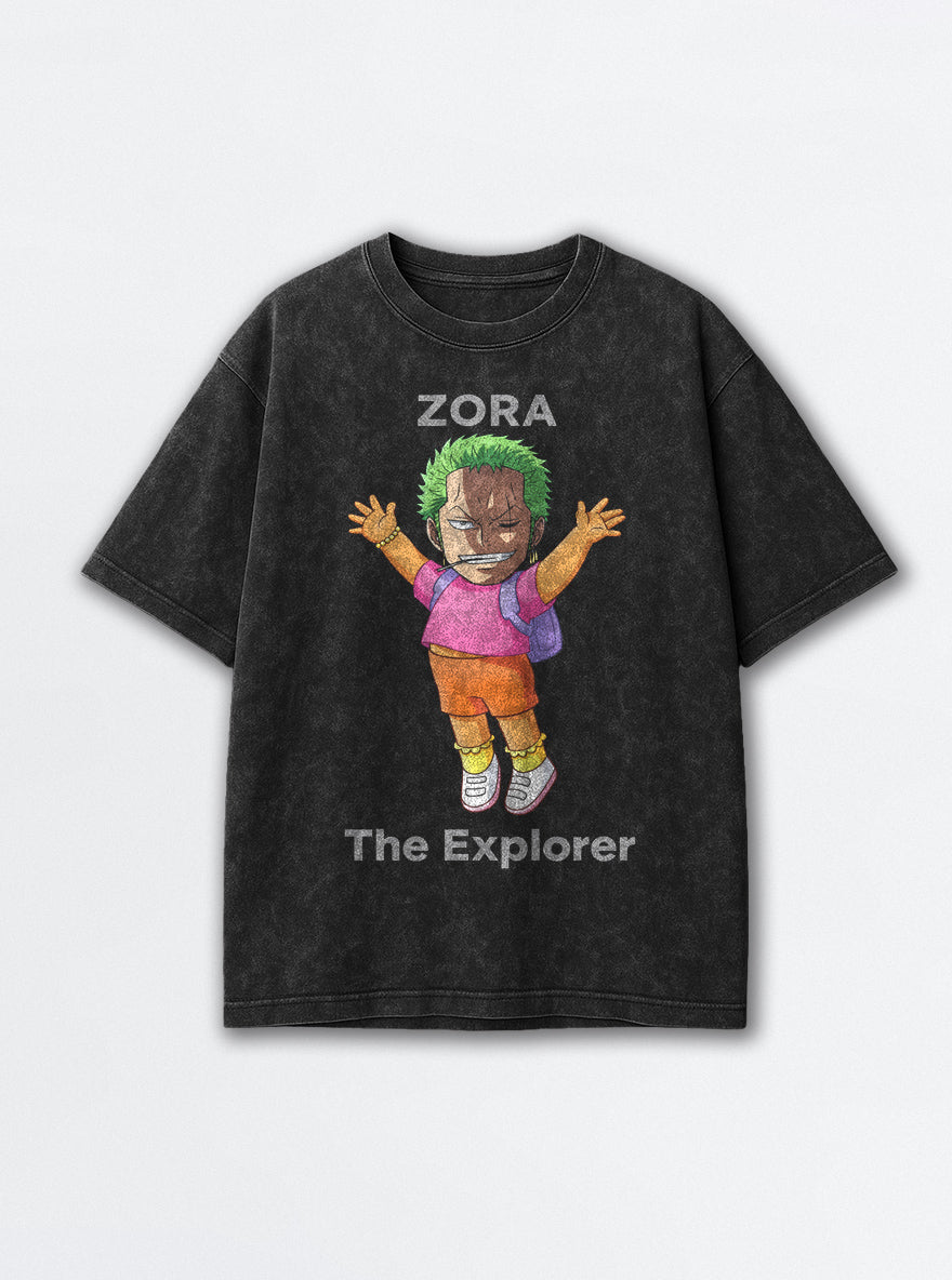 Zoro the Explorer – Black Acid Wash Tee – mockup | Meme Tees