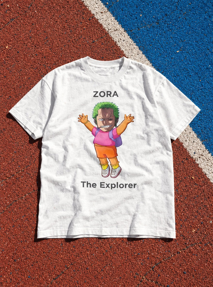 Zoro the Explorer – White Tee – flat-lay | Meme Tees